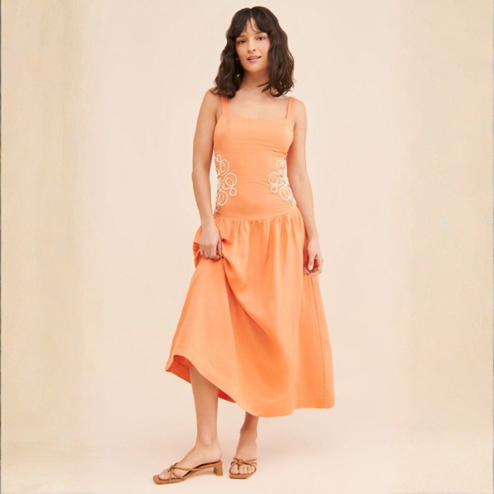 Mon Renn Luna Embroidered Midi Dress Orange Linen Blend Embroidered Size Medium